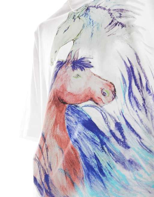 Monki – Biały luźny T-shirt z nadrukiem koni z przodu , 2 z 4
