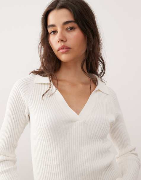Monki compact rib knit long sleeve collared top in white