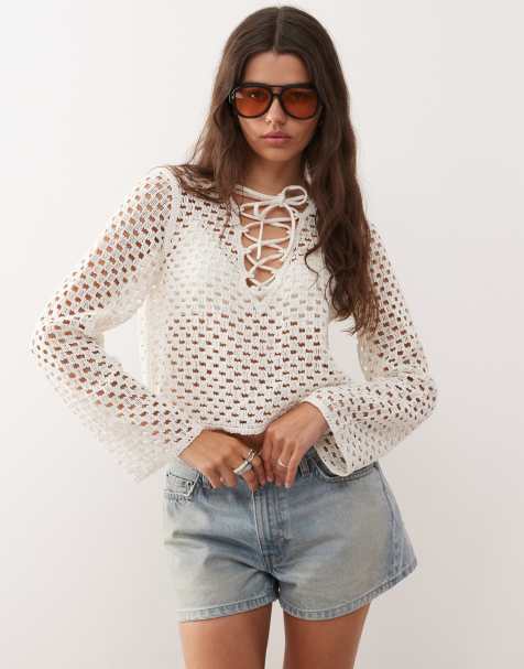 Monki crochet open knit top in white