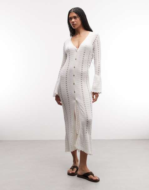 Monki – Biały szydełkowany kardigan maxi w kwiatowy wzór - view 1