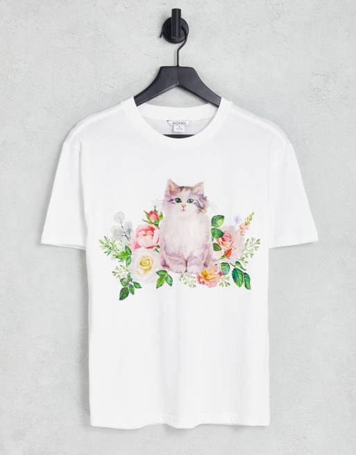 Monki – Biały T-shirt oversize z logo z motywem kota i kwiatów