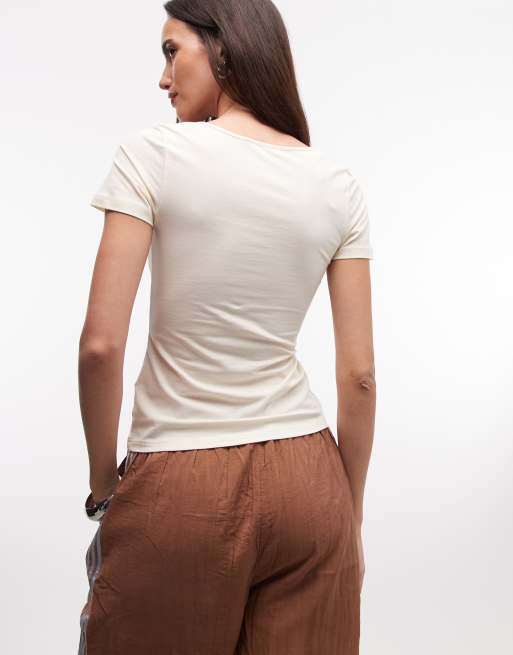 Monki – Biały T-shirt z dekoltem w szpic, 3 z 4