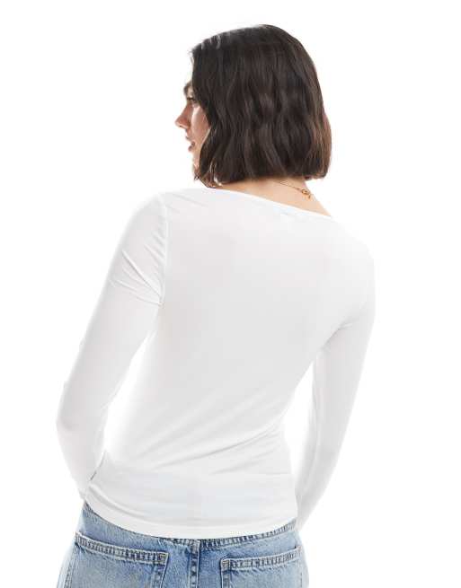 Monki – Biały top z długimi rękawami i dekoltem w łódkę, 4 z 4