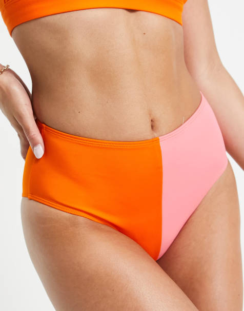 Monki – Bikinihose in Rosa und Orange mit Farbblock-Design - view 1
