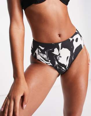 Monki - Bikinihose mit hoher Taille und Marmormuster-Schwarz