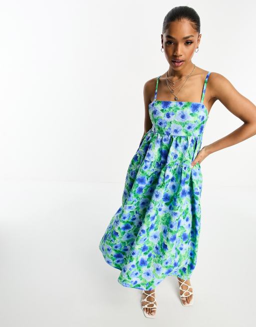 Monki - Blå og grøn cami-midikjole i jaquard bæk og bølge og blomsterprint
