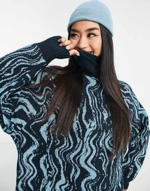Monki – Blå stickad midiklänning med virvelmönstrad jacquard - MBLUE, 3 av 4