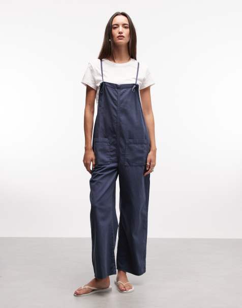 Monki – Blå, tvättad jumpsuit i bomull med avslappnad passform och smala axelband - view 1