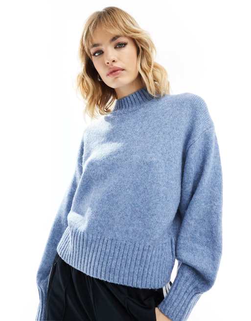 Monki – Blåmelerad, stickad sweatshirt med halvpolokrage