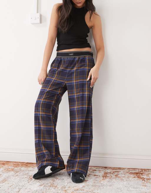 Monki – Blårutiga byxor med boxershorts-midjeband och vida ben , 3 av 5