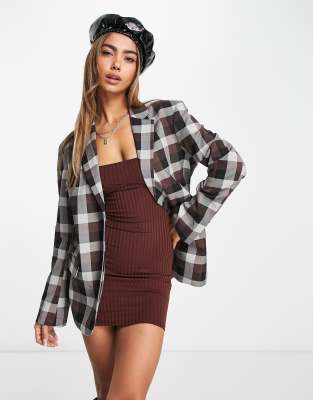 Monki blazer in brown plaid - part of a set