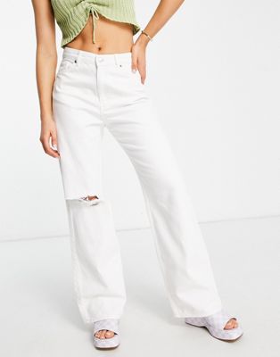 Monki blend baggy straight leg distressed jeans in white