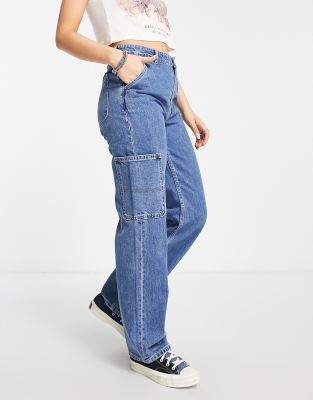 Monki wide leg cargo jeans in blue