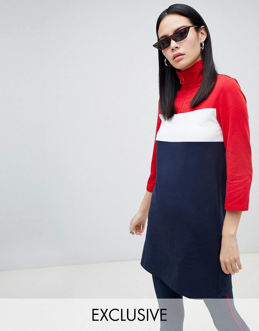 Monki – Blockfärgad klänning med hög krage och dragkedja-Marinblå