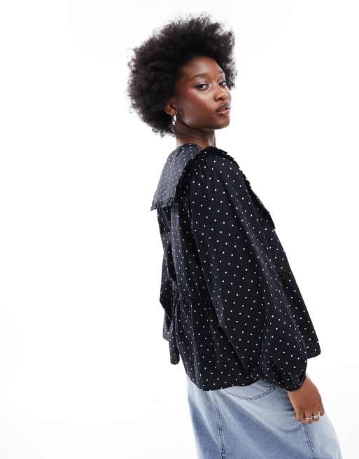 Monki Blouse pois avec col et manches longues Noir et blanc