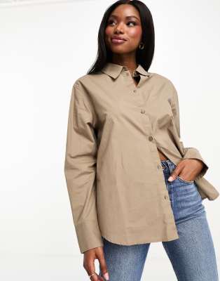 Monki cotton long sleeve blouse in taupe - ASOS Price Checker