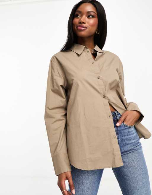 Monki Blouse en coton manches longues Taupe