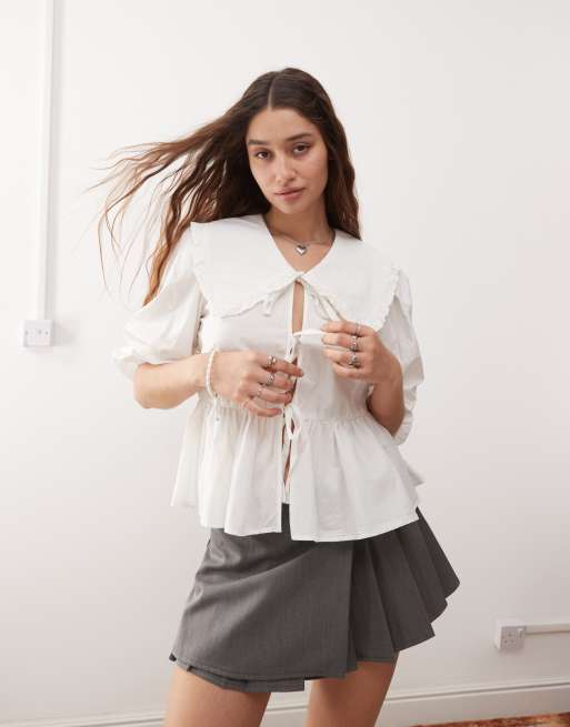 Monki - Blouse met peplum, lange mouwen en kraagje met ruches in wit