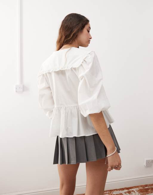 Monki - Blouse met peplum, lange mouwen en kraagje met ruches in wit, 2 van 4