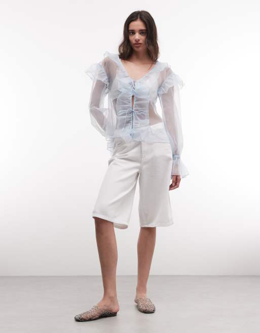 Monki - Blouse transparente à volants et manches longues - Bleu clair , 2 de 4