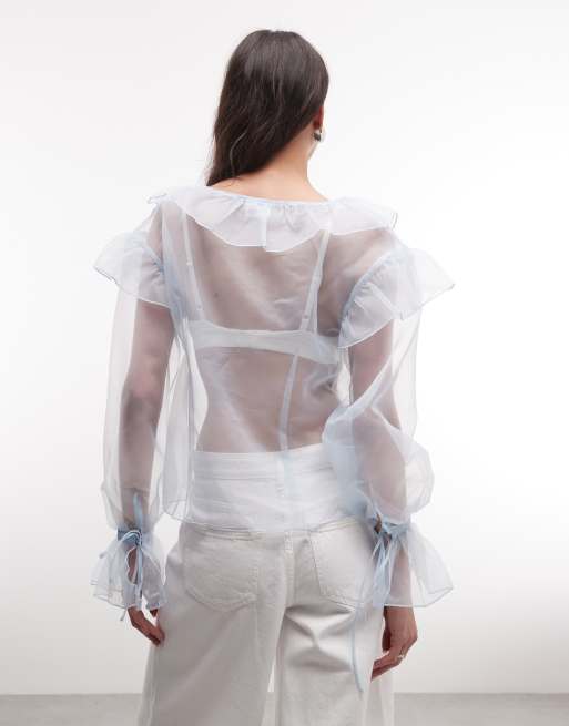 Monki - Blouse transparente à volants et manches longues - Bleu clair , 4 de 4