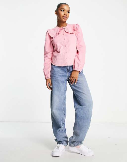Monki - Blouse van corduroy met kraag met detail in lichtroze, 2 van 4