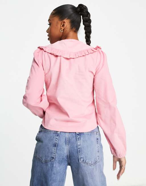 Monki - Blouse van corduroy met kraag met detail in lichtroze, 3 van 4