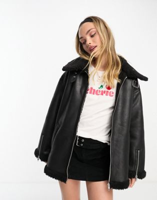 Monki faux leather and shearing aviator jacket in black - ASOS Price Checker