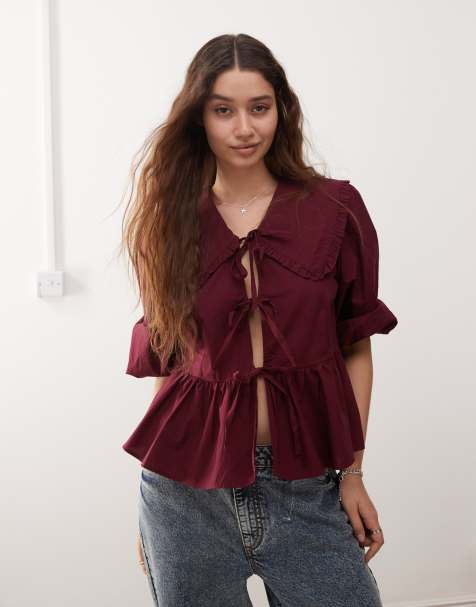 Monki - Blusa a maniche lunghe con colletto con volant e peplo bordeaux - view 1