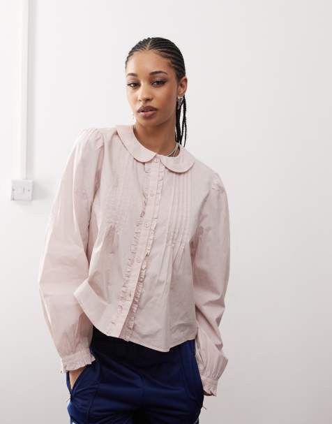 Monki - Blusa a maniche lunghe rosa polvere chiaro con colletto e dettagli con volant - view 1