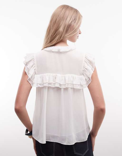 Monki - blusa babydoll de organza con volante en marfil, 4 de 4