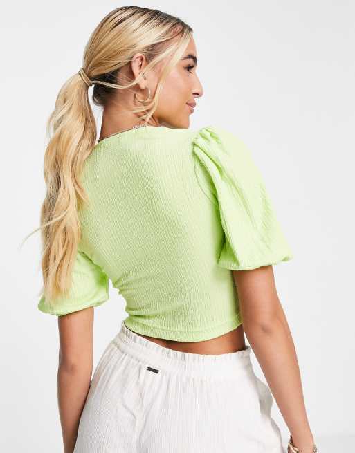 Monki - Blusa da giorno verde con bottoni sul davanti e maniche a sbuffo, 2 di 4