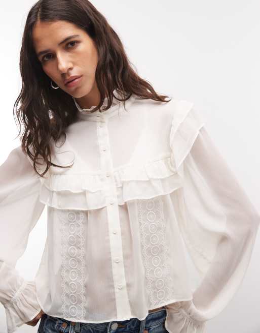 Monki blusa oversize con volant e maniche lunghe color avorio, 1 di 4