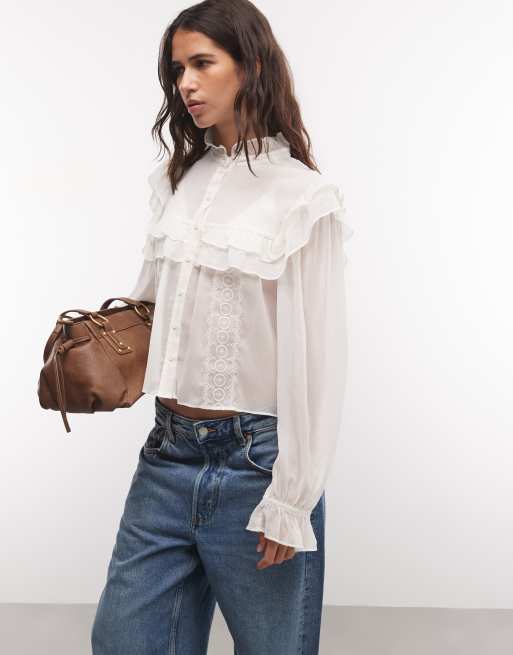Monki - Blusa oversize con volantes y manga larga en marfil, 2 de 4