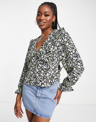 Monki statement collar blouse in black and purple floral  - ASOS Price Checker