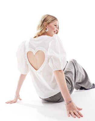 Monki volume short sleeve v neck blouse with open back heart detail in white - ASOS Price Checker