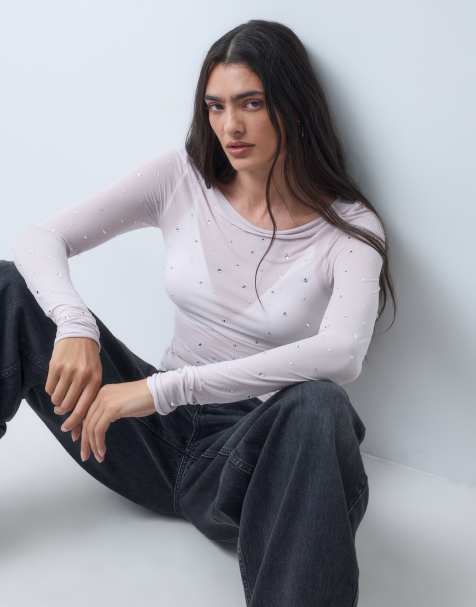 Monki boatneck long sleeve top with stud detail in light dusty pink - view 1