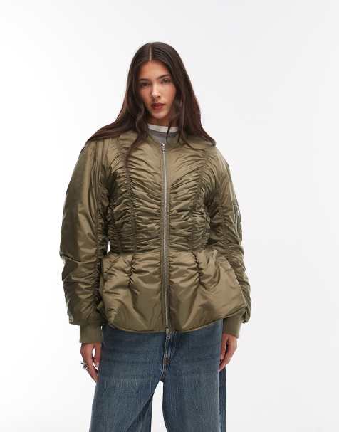 Monki bomber jacket with gathered detail in khaki - view 1