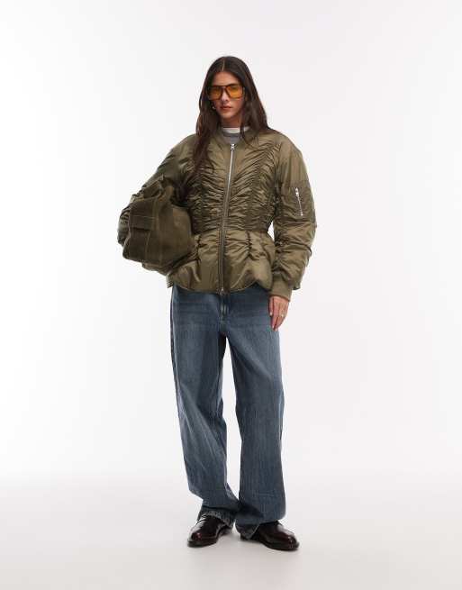 Monki bomber jacket with gathered detail in khaki, 2 of 4