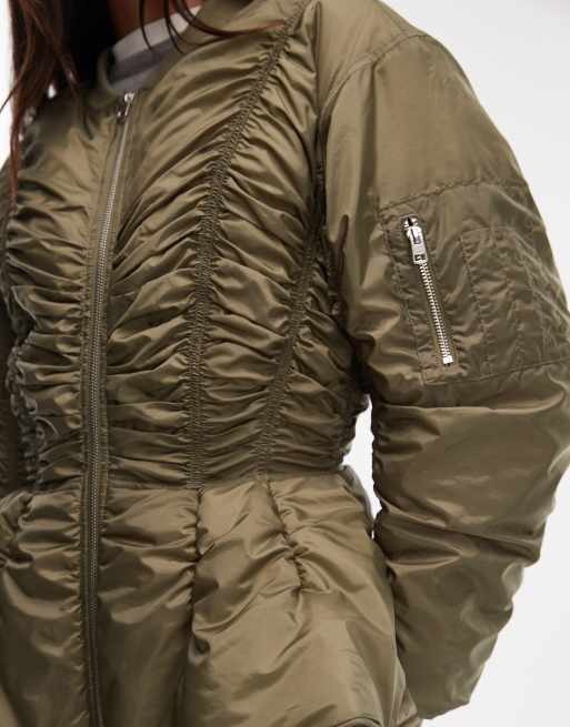 Monki bomber jacket with gathered detail in khaki, 3 of 4