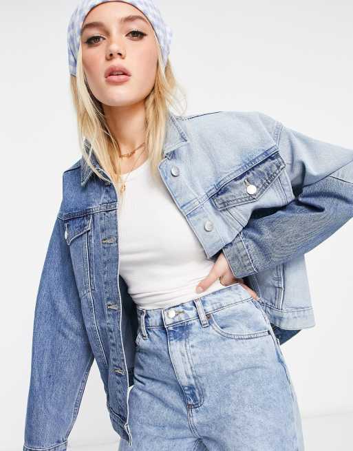 Monki Bonnie organic cotton denim jacket in color block blue - part of ...