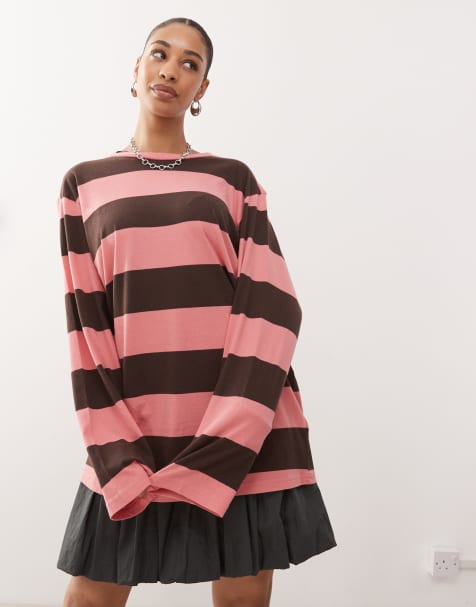 Monki - Bordeaux og pink super-oversized T-shirt med lange ærmer og striber - view 1