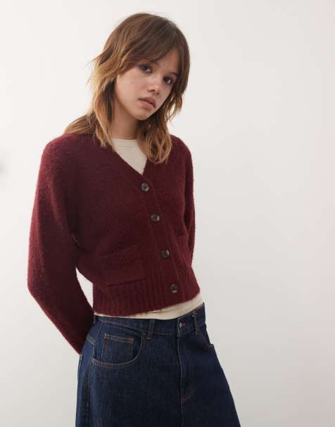 Monki - Bordeauxrød cropped cardigan med forlommer - view 1