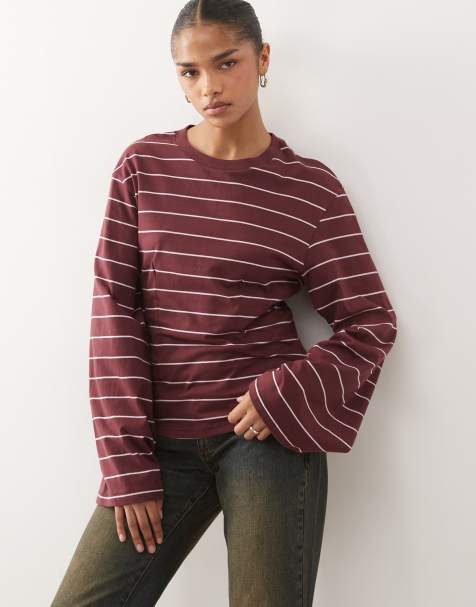 Monki – Bordowo-różowy zwężany top z długimi rękawami w paski - view 1