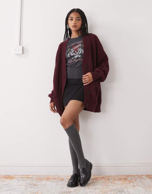 Monki – Bordowy długi kardigan oversize, 4 z 4