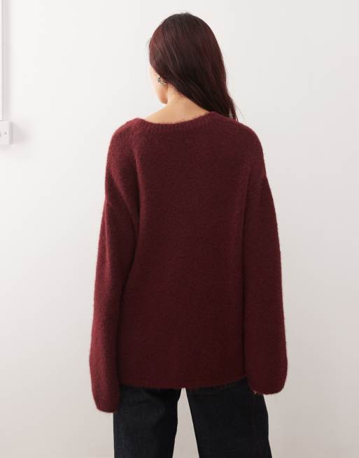 Monki – Bordowy kardigan oversize z puszystej dzianiny, 3 z 4