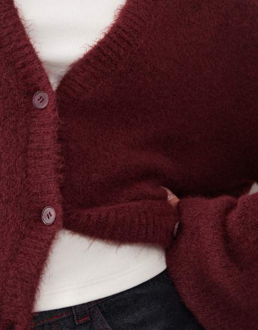 Monki – Bordowy kardigan oversize z puszystej dzianiny, 4 z 4