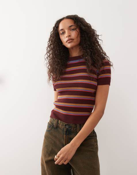 Monki compact rib knit short sleeve top in burgundy stripe