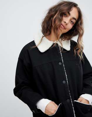 monki borg denim trucker jacket in black