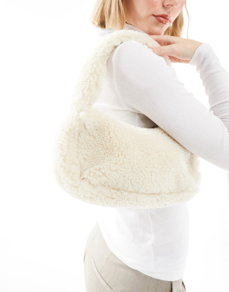 Monki borg teddy shoulder bag in cream-White